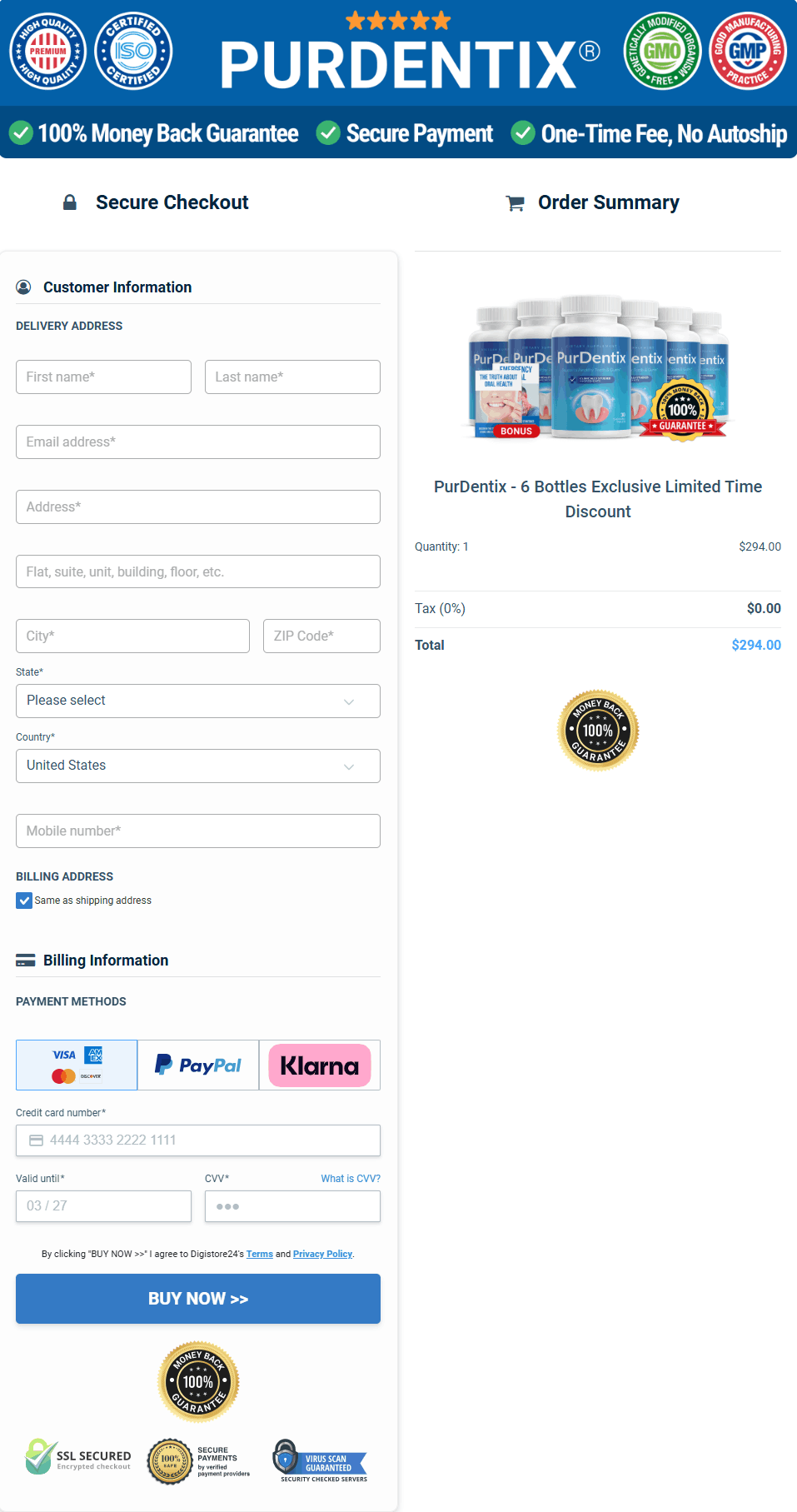 PurDentix Checkout page
